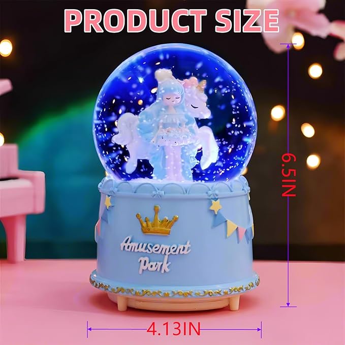Unicorn Snow Globes for Girl,6.5IN Blue Music Snowglobes with LED Lights and Automatic Snowfall,Home Decor Glass Ball for Kids Bedroom Birthday for 5-18 Year Old Girl(6.5x4.1IN