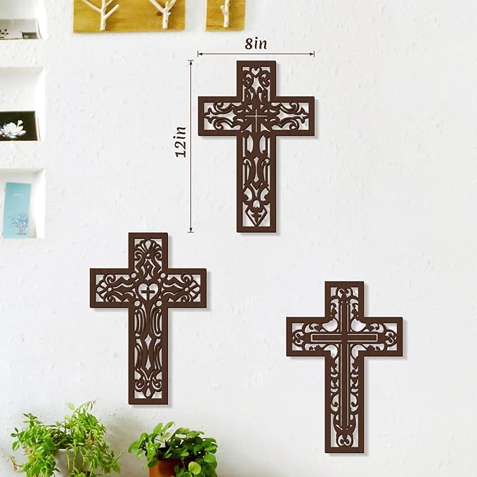 Bnesi 3 Pcs Wooden Cross Wall Art - Brown Carved Pattern Religious Crosses for Living Room, Church, Wedding, Office, Hospital