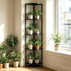 5-Tier Corner Shelf Stand,Tall Narrow Bookshelf for Small Spaces,Rustic Wood & Metal Storage Shelf,Display Plant Stand with Anti-Tip Straps for Bedroom,Living Room,Bathroom,Black