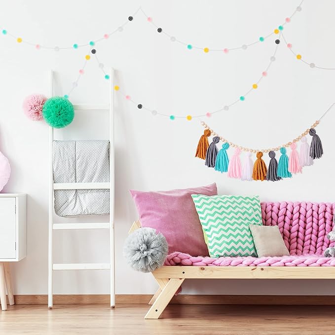 Syhood 3 Pcs Boho Tassel Garland Wall Hanging Decor 1 Boho Tassel Garland with Wood Beads and 2 Western Colorful Pom Pom Ball for Classroom Party Wedding Baby Shower Home Decorations(Simple Colors)