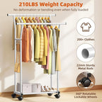 Luxspire Double Rods Clothes Rack for Hanging Clothes, Rolling Clothing Rack with Side Hooks, Bottom Shelves, 360° Wheels, Garment Racks for Bedroom, Laundry, Living Room, White