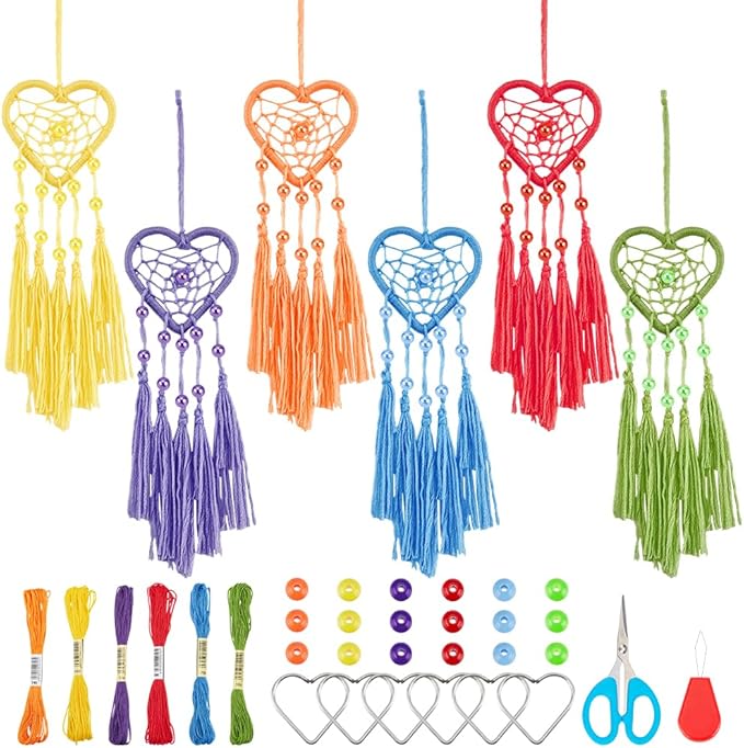 INFUNLY 6 Set DIY Small Dream Catcher Kit Rainbow Heart Dream Catchers DIY Heart Macrame Craft Kit for Hanging Decor Boho Home Charms with Instruction Video for Car Handbag Pendant Keys Purse Wallet