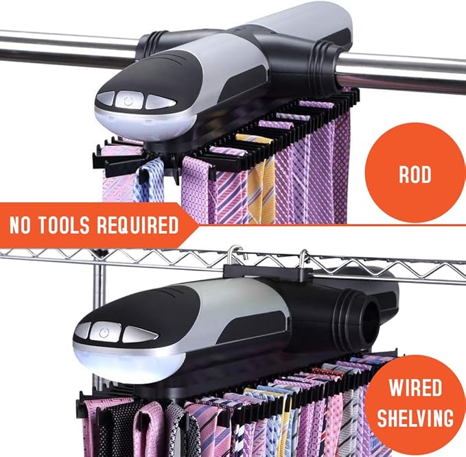 Primode Motorized Tie Rack Closet Organizer with LED Lights Includes J Hooks for Wired Shelving Stores Up to 72 Ties & 8 Belts Operates with Batteries