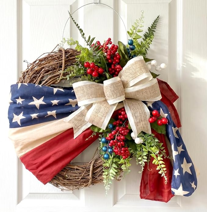 Patriotic Wreaths for Front Door, 250 Anniversary Decorations 4th of July Decorations Outdoor, Handcrafted Memorial Day Wreaths, Festival Celebration USA Flag Printed Wreath (E)