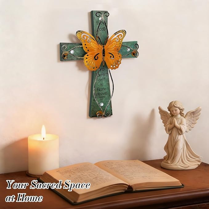 INHAI Handcrafted Christian Wall Cross 9x7,James 1:17 Verse on Wood with Antiqued Metal,Mother's Day Inspirational Home Decor Gift(Yellow)