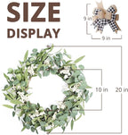 Artificial Eucalyptus Wreath for Front Door|20" Green Leaf Wreath for Window Home Porch Farmhouse Patio and Garden Indoor Outdoor Decor with Bow for Spring Summer Fall Winter