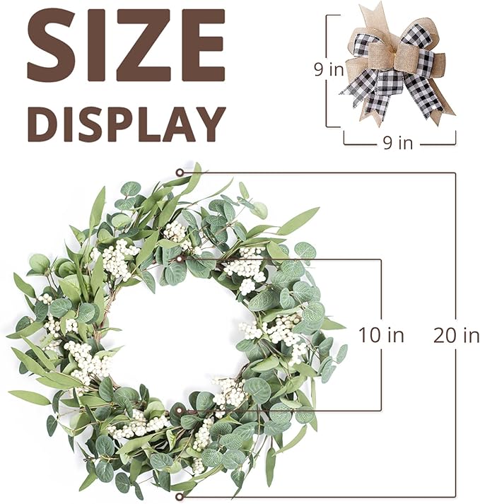 Artificial Eucalyptus Wreath for Front Door|20" Green Leaf Wreath for Window Home Porch Farmhouse Patio and Garden Indoor Outdoor Decor with Bow for Spring Summer Fall Winter