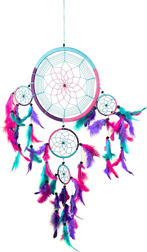 OMA Dream Catcher - Hand Made Traditional Tie Dye Colors Turquoise, Pink & Purple Feathers - 9" Diameter & 30" Long