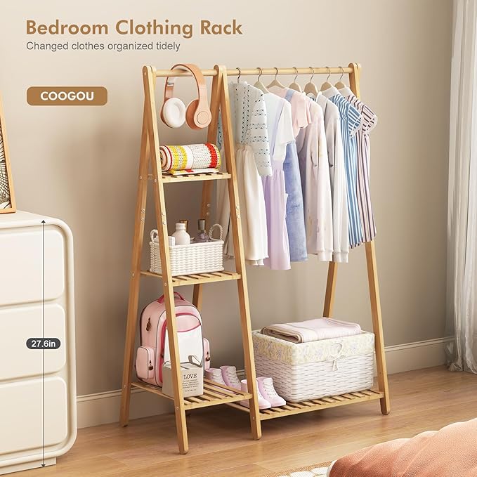 Small Clothes Racks,Kids Clothes Hanging Rack, Bamboo Wood Clothing Garment Rack with Shelves, Free Standing Corner Dress Costume Rack for Small Place,Bedroom,Bathroom, Portable