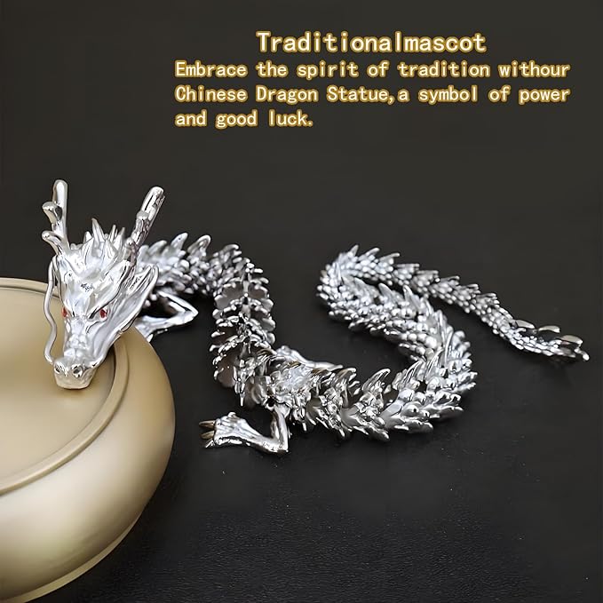 LIYAOLI 3D Printed Metal Articulated Dragon 2024 Silver Chinese Dragon Statue 9 Inch Flexible Joints Luck Statue Decor for Home Office Desk Decoration
