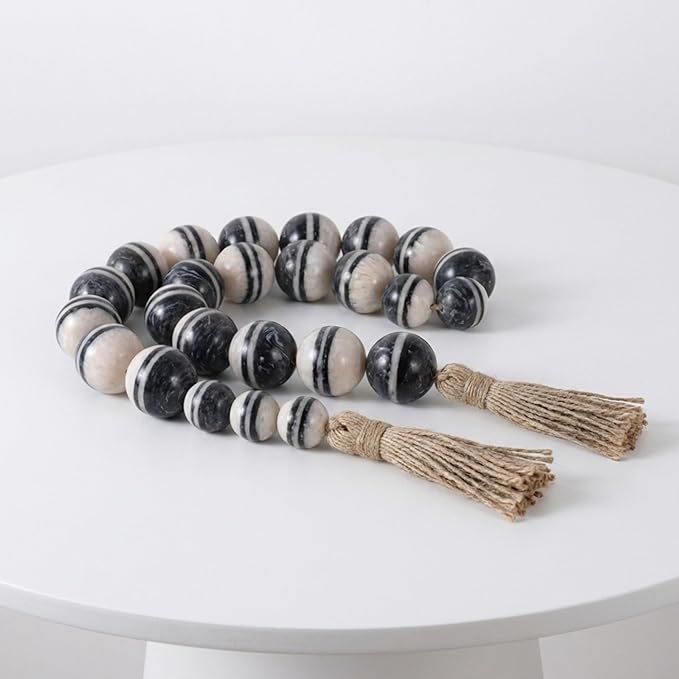 Sagebrook Home Modern Decorative Beads Garland - Handcrafted Resin & Jute - Boho Farmhouse Style - Home & Office Accent - 3" Ivory, White, Black