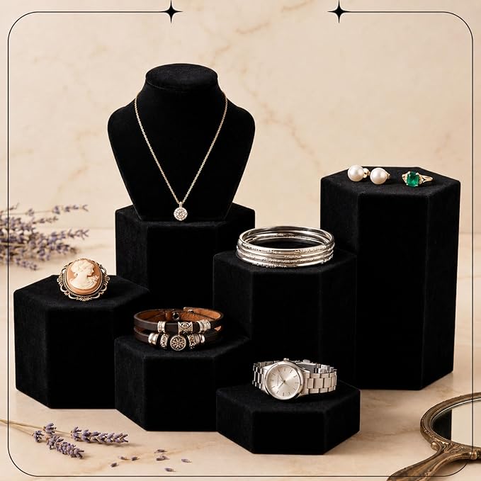 Sintuff 12 Pcs Black Velour Covered Tiered Hexagonal Jewelry Display Risers Wooden Hexagonal Market Display Risers Stands for Model Figures Decoration