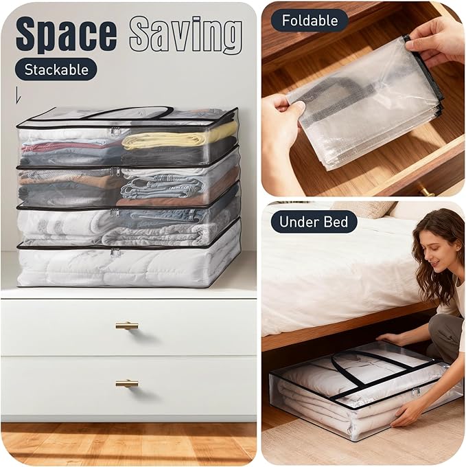 Clear Under Bed Storage Containers - 8 Pack Large Capacity Clothes Storage Bags with Lid & Sturdy Handles, Foldable Moving Bags, Clothing Organizer Totes for Bedding, Comforter, Sheet（60 L）