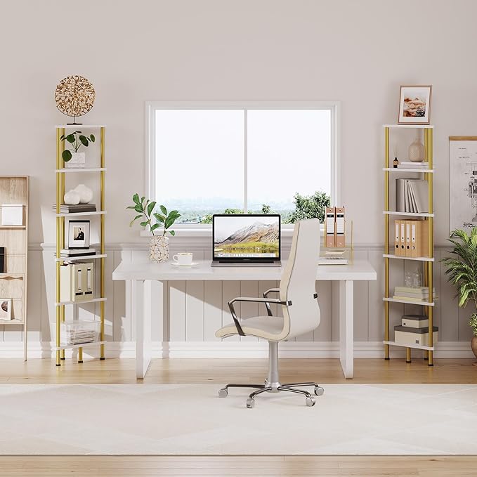 HOOBRO Corner Shelf Stand, Industrial 6-Tier Wall Corner Bookshelf with Metal Frame, Plant Display Shelf, Bookcase for Small Spaces, Living Room, White and Gold DW36CJ01