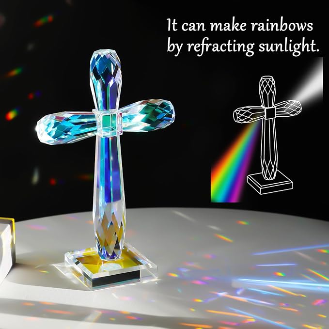 YWHL Colorful Crystal Standing Cross Decor, Handmade Glass Holy Cross Collectible Figurines Decoration, Religious Gifts for Women Men, Christian Easter Cross for Home Office Decor