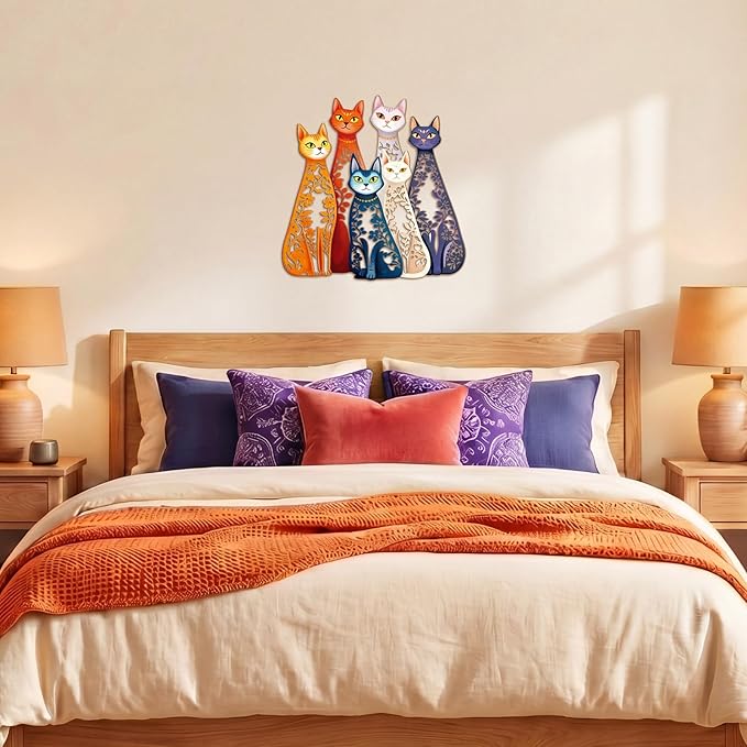 Wesiti Cat Wall Art Decor Iron Wall Sculptures Decor for Cats Lover 11.42 x 11.22 Inches Colorful Mid Century Cat Retro Signs for Home Living Room Bedroom Kitchen Office