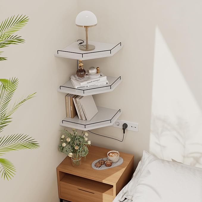 JJL Corner Shelf Wall Mounted, 12 Inches 3-Tier Floating Corner Shelf with Rails, Hexagon Rustic Wood Decor, White Wall Shelves for Apartment Bedroom Kitchen Bathroom