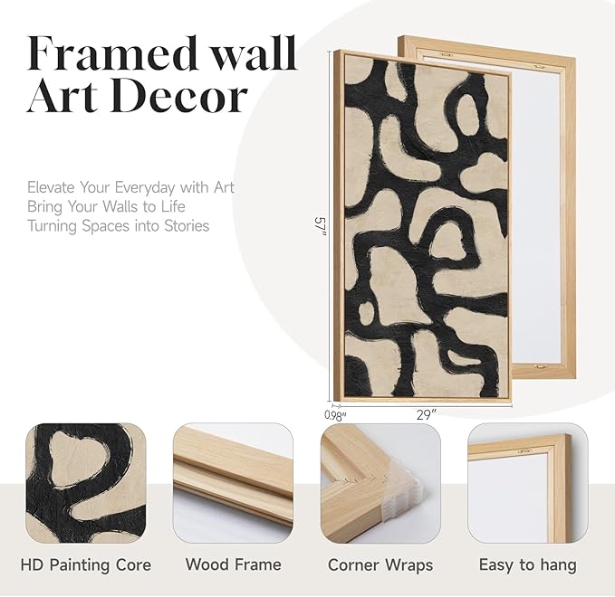 Framed Neutral Horizontal Abstract Wall Art for Living Room, Extra Large Black and Beige Modern Painting Print, Mid Century Canvas Artwork for Dining Room Bedroom Hallway Office Walls Decor, 30x60 Inch