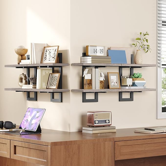 HOOBRO Floating Shelves, 15 Inch Wall Shelf Set of 4, Wall Mounted Storage Shelves 2-Tier, Hanging Bathroom Shelves, for Living Room, Bedroom, Bathroom, Kitchen, Greige and Black BG32BJP401