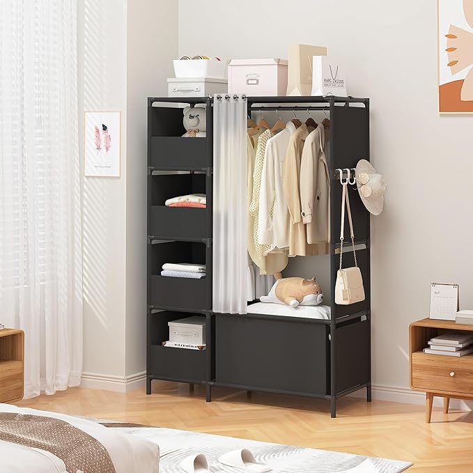 MOYIPIN Portable Closet，Free Standing Wardrobe Closet with Hanging Rod and Curtain，Clothes Storage Organizer, for Cloakroom, Bedroom，40.55 x 16.73 x 65.35Inches，Black