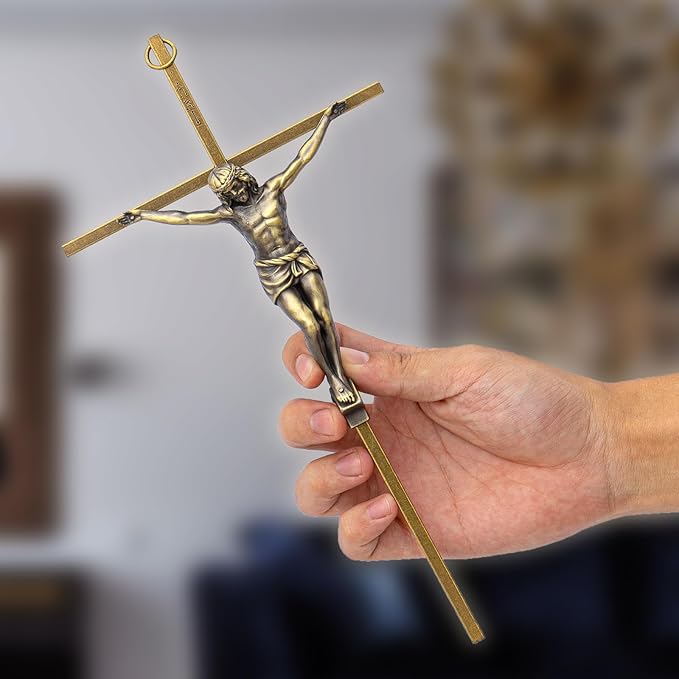 KUXBET Crucifix Wall Cross, Metal Vintage Wall Hanging Cross,10inch Antique Brass Jesus Crucifix Home Décor