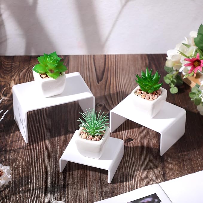 Chuangdi 2 Sets Acrylic Display Risers, Product Stand, Jewelry Display Riser Shelf Showcase Fixtures for Dessert Cupcake Candy Figure Treat Action Showcase(White,Small Set)