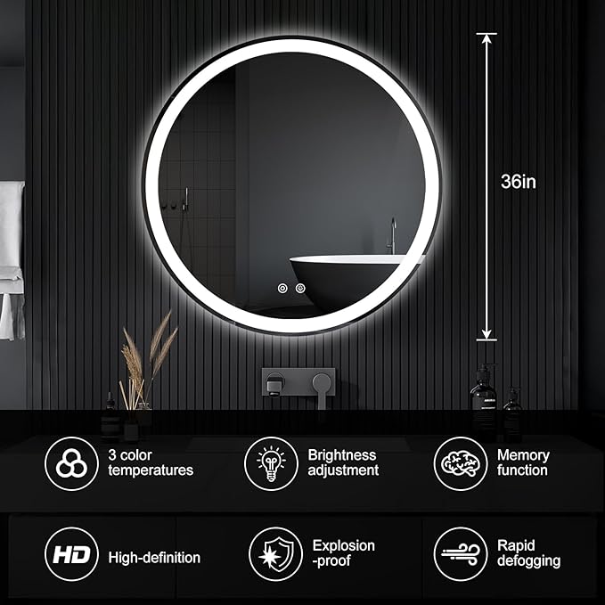 DUMOS 36 Inch Round LED Bathroom Mirror with Lights, Circle Vanity Mirror with Anti-Fog, Dimmable, 3-Color Light, Front Light and Backlit, Memory Function, Tempered Glass