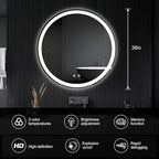 DUMOS 36 Inch Round LED Bathroom Mirror with Lights, Circle Vanity Mirror with Anti-Fog, Dimmable, 3-Color Light, Front Light and Backlit, Memory Function, Tempered Glass