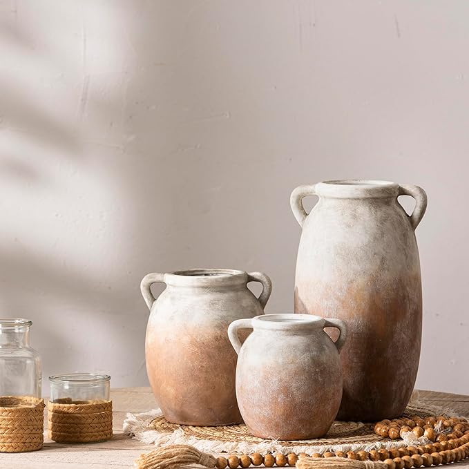 Ceramic Flower Vase 7.6 inch Farmhouse Rustic Vase Decorative Pottery Terracotta Vases for Home Decor Table Mantle Fireplace Living Room Bathroom Wedding Centerpiece (Aged Terra)