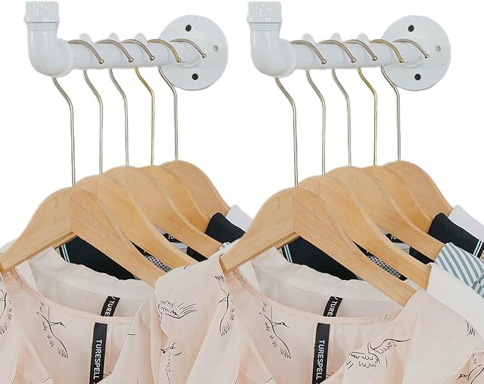 Industrial Wall Pipe Clothing Racks - Heavy Duty Metal Clothes Hanger with Hook, Wall-Mounted Garment Holder Racks,Wall Clothing Bar/Coat Hanging Rail/Hanging Rod for Closet Storage, 2 Pack, White