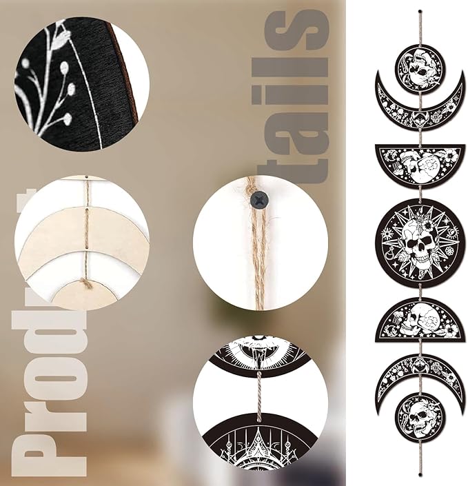 CREATCABIN 7Pcs Skulls Moon Phase Hanging Moon Cycle Wall Hanging Wooden Half Round Moon Ornament Ramadan Halloween Fall Home Decor Gifts for Bedroom Farmhouse Gallery Apartment Bar 37.1x6.3in