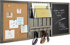 MyGift 3 Panel Wall Mounted Entryway Bulletin Board Combo Set with Vintage Gray Solid Wood Frame, Chalkboard, Cork Board, Black Metal Mail Basket, and Hanging Rail
