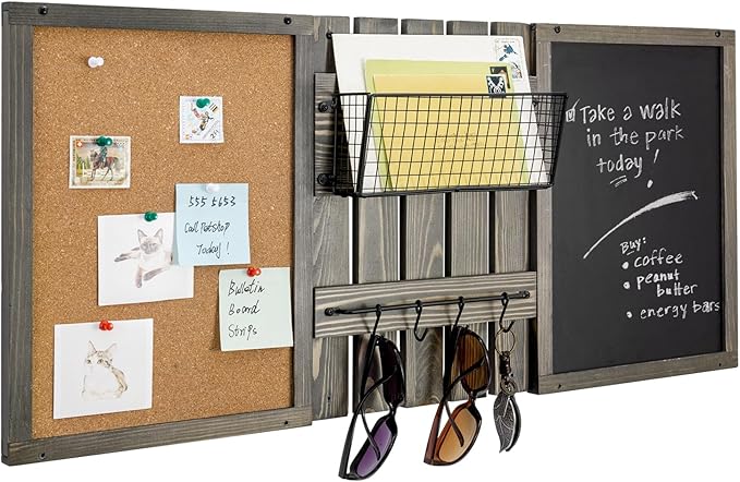 MyGift 3 Panel Wall Mounted Entryway Bulletin Board Combo Set with Vintage Gray Solid Wood Frame, Chalkboard, Cork Board, Black Metal Mail Basket, and Hanging Rail
