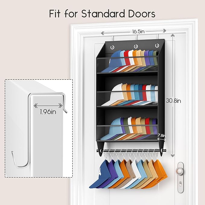 Over the Door Hat Rack - 3-Layer Design Hat Organizer Holds 30-36 Hats with 10 Hooks, Ideal Hat Rack for Door, Over the Door Organizer for Closet, Apartment, Bedroom, Dorm, 2 Pack, Black