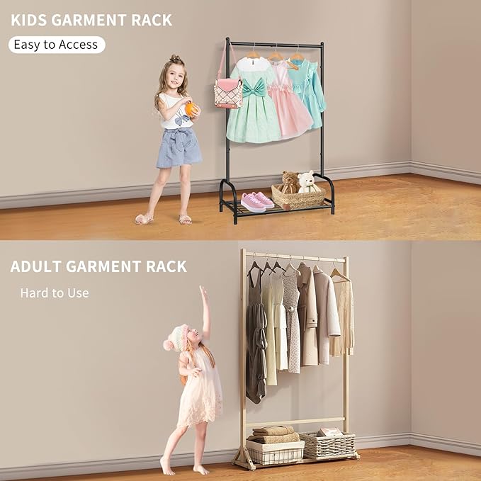 Kids Clothing Rack, Kids Dress Up Storage Rack, Small Clothes Rack with Metal Storage Shelf, Kids Closet Organizers and Storage (Black)