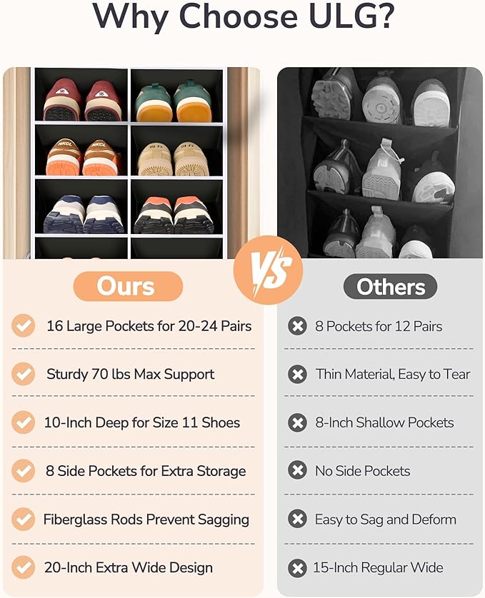 ULG Over The Door Shoe Organizer with 16 Large Pockets, Hanging Shoe Rack for Closet Door, Space Saving Shoe Storage for Boots, Heels & Sneakers, Black