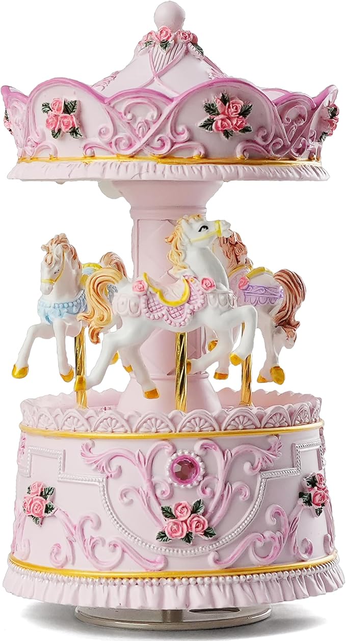 Enchanting Pink Carousel Music Box with LED Lights, Plays Castle in the Sky, Elegant Rotating Horse Figurines, for Girls, Women, and Romantic Occasions, Collectible Home Decor Ornament