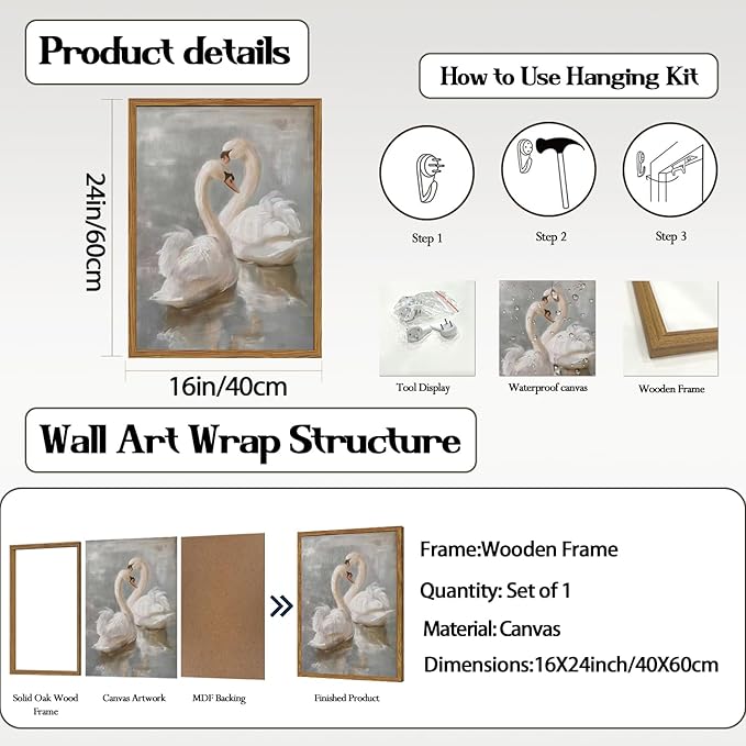 Framed Vintage Swan Canvas Wall Art, Romantic White Swan Paintings Wall Decor, Rustic Animal Pictures Prints Farmhouse Home Decor for Living Room Bedroom 16x24 inch