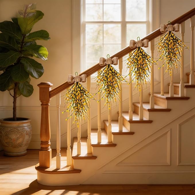 Forsythia Spring Teardrop Swag, 2Pcs Artificial Spring Summer Floral Hanging Swags with Bow for Door Wall Mantel Window Wedding Home Decor (Yellow)