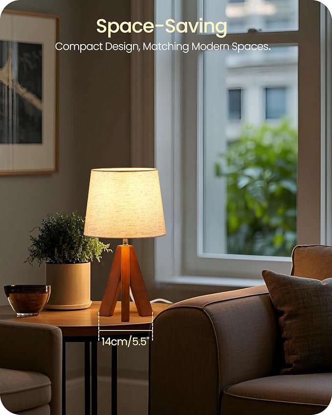 Tripod Table Lamps Set of 2, Small Bedside Lamps, Modern Nightstand Lamp with Dark Pearwood Base & Beige Shade, Boho Desk Light for Bedroom, Kids Room, Living Room, Office, Study, LE51TLP205