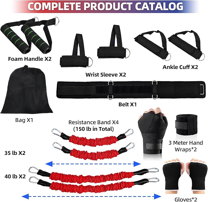 Boxing Resistance Bands Set for Boxing MMA Martial Arts Training Equipment, 150lbs Exercise Bands with Cuffs & Belt, Workout Band for Resistance Training Enhance Explosive Power/Speed/Agility