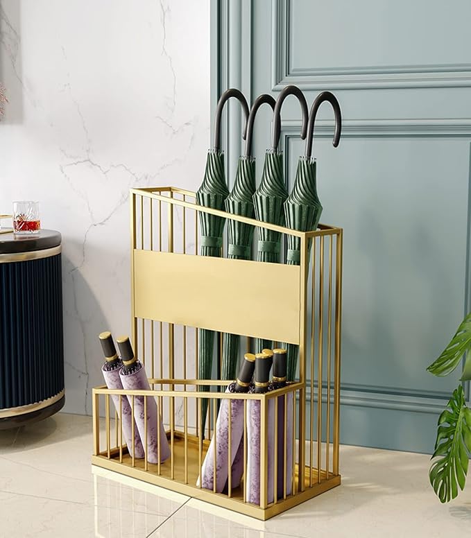 2 Tier Metal Umbrella Stand Umbrella Holder, Large-Capacity Commercial Umbrella Stand Umbrella Holder for Hotel Offices, Entrance Umbrella Organizer (Color : Gold, Size : 36x25x50cm)