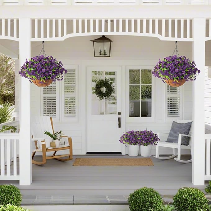 Hananona 2 Set Artificial Outdoor Flowers with Hanging Basket, 2 Hanging Planters with 24 Pcs Flowers for Spring Summer Front Porch Garden Patio Home Decor (2, Purple)