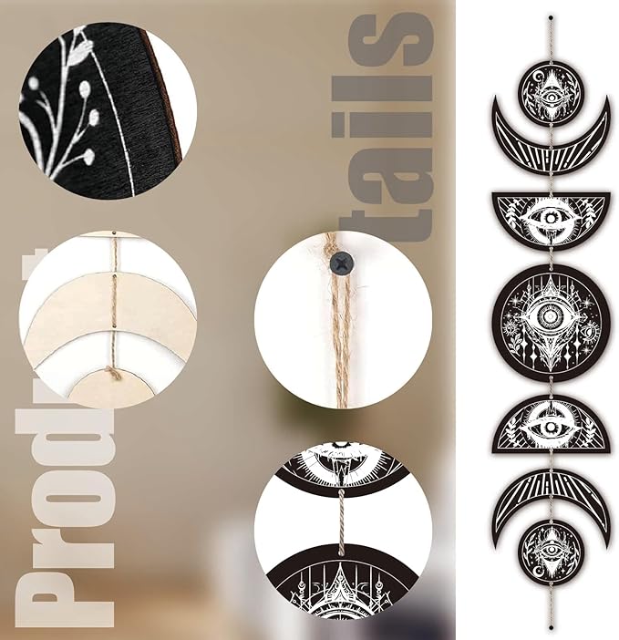 CREATCABIN 7Pcs Devil's Eye Moon Cycle Home Decor Bohemian Moon Phase Wall Hanging Ornament Wooden Moon Wall Vertical Decorative Hang for Bedroom Family Farmhouse Gallery Apartment Bar 37.1x6.3in