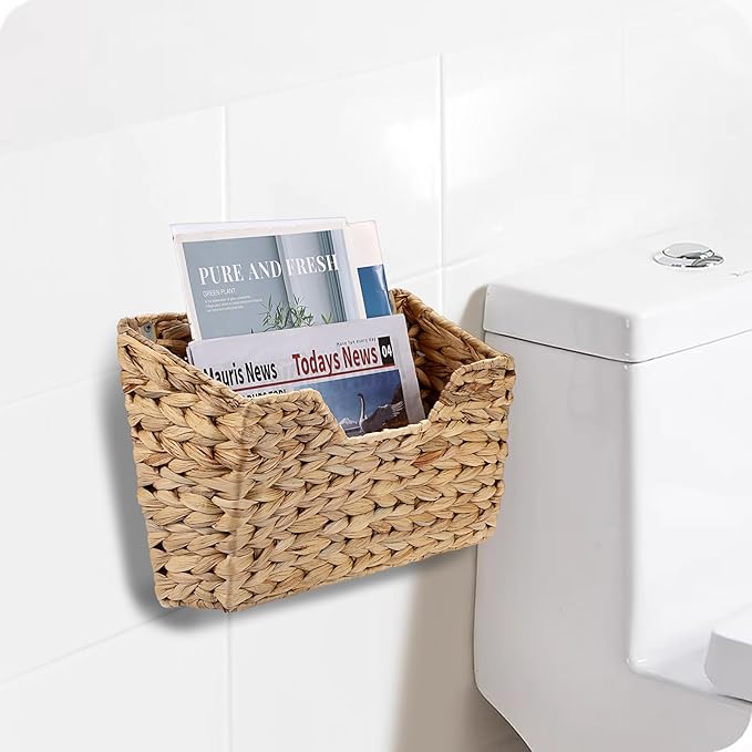 BTSKY Woven Hanging Magazine Holder, Water Hyacinth Magazine Basket, Wall Mounted Storage Basket for Books & Files, Wall File Organizer Magazine Rack with Handle for Home & Office - 13.2x2.8x8.9 Inch