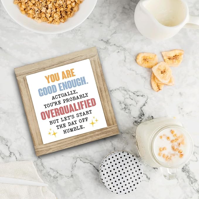 Inspirational Gift, Inspirational Wood Box Decor Desktop, Sarcastic Positive Affirmations Decor, Motivational Gift, Farmhouse Home Office Decoration, You'Re Good Enough Sign