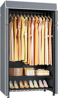 H5C Clothes Rack with Cover, Portable Closet for Hanging Clothes, Covered Clothing Racks Heavy Duty, Freestanding Garment Racks with Shelves, Max Load 360LBS Black Closet Rack with Gray Cover