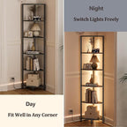 Furnulem 6 Tier Corner Shelf with LED Light, 67.5” Tall Standing Shelf Organizer, Black Narrow Bookshelf with Storage Rack for Wall Corner, Living Room, Bedroom, Metal Frame, Wood Display Shelf