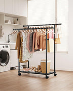 Metal Clothes Rack - Double Rod Clothing Rack with Fixed Design and Rolling Wheels, Coat Rack with Built-In Shelf for Closet Organizers and Storage (38.5" x 16.9" x 59.0", Black)