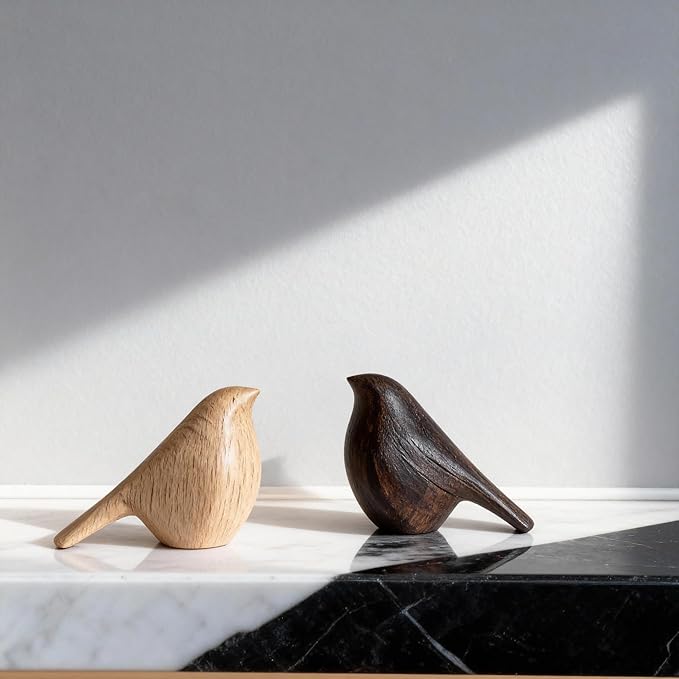 Natural Wood Bird Trio 4.1”L Set of 3 – Small Bird Sculptures & Animal Statues, Hand-Finished Modern Coffee Table Shelf Decor, Gift-Ready (3, Mixed)